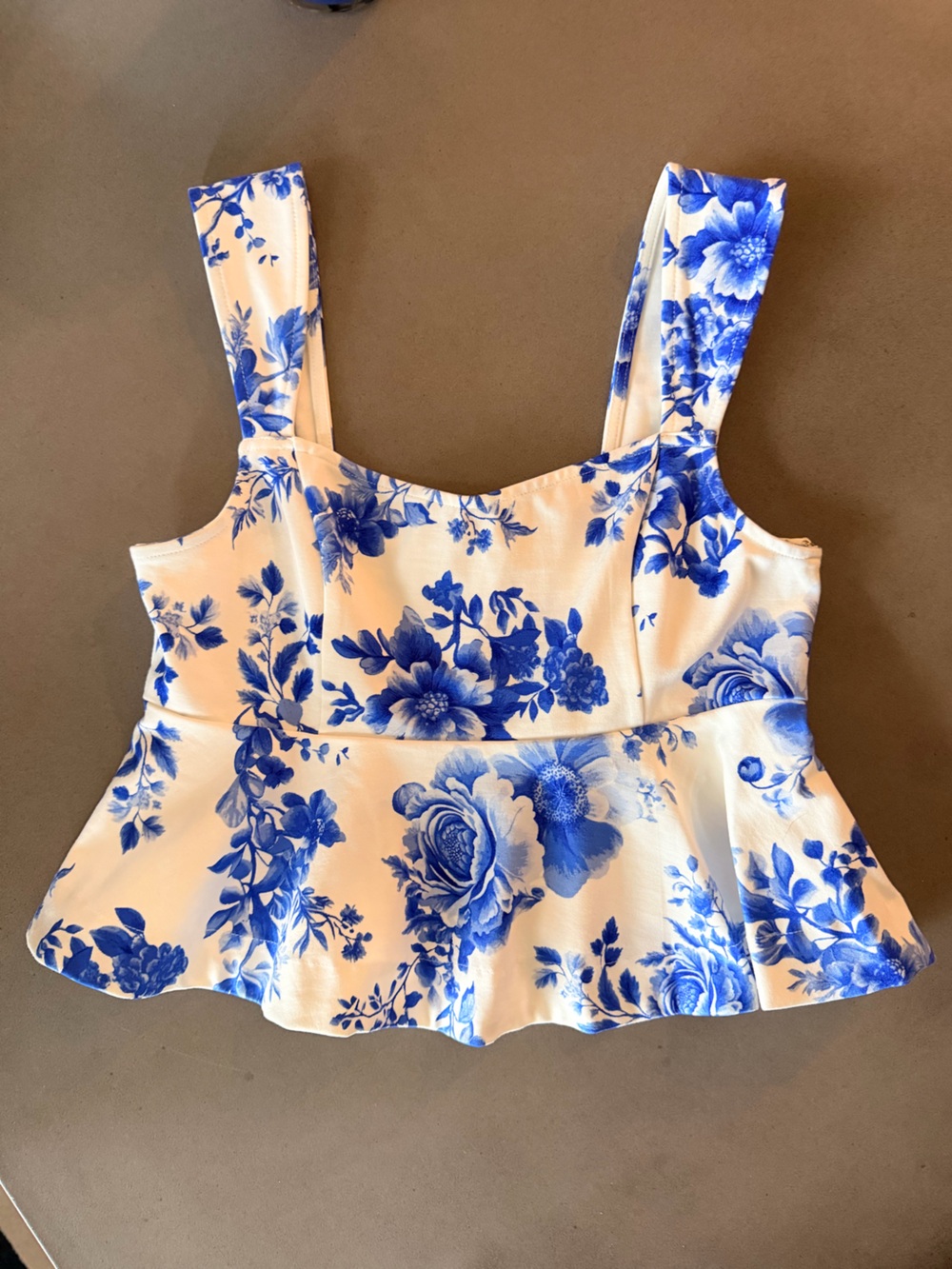Maeve Anthropologie White & Blue Floral Peplum Blouse Size Small